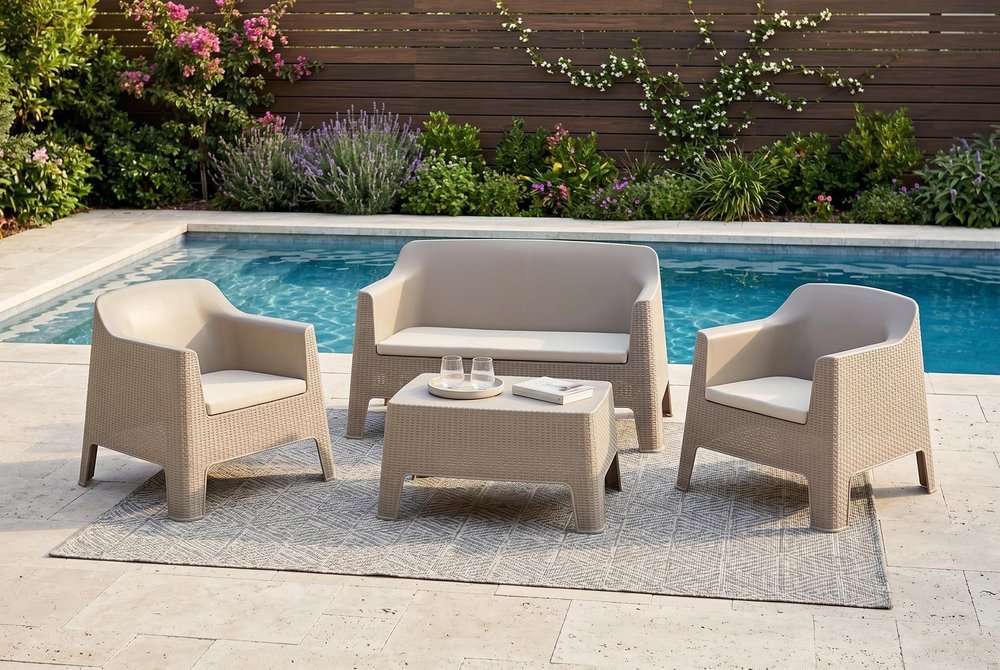 Four Piece Taupe and Beige Plastic Upholstered Cushions Outdoor Patio Set With Table