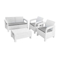 Four Piece White and Beige Plastic Upholstered Cushions Outdoor Patio Set With Table