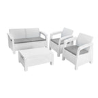 Four Piece White and Beige Plastic Upholstered Cushions Outdoor Patio Set With Table