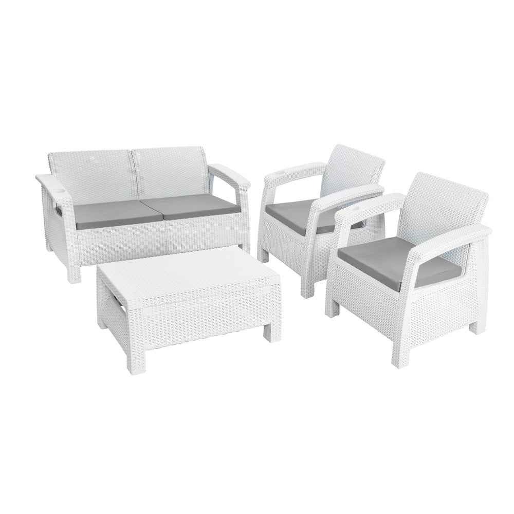 Four Piece White and Beige Plastic Upholstered Cushions Outdoor Patio Set With Table