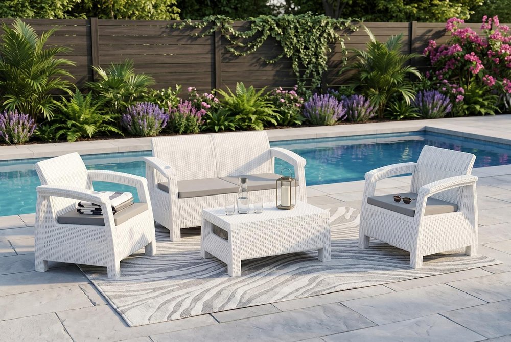 Four Piece White and Beige Plastic Upholstered Cushions Outdoor Patio Set With Table