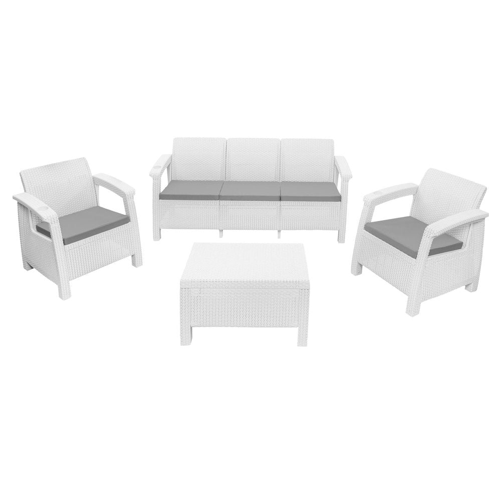 Four Piece White and Beige Plastic Upholstered Cushions Outdoor Patio Set With Table