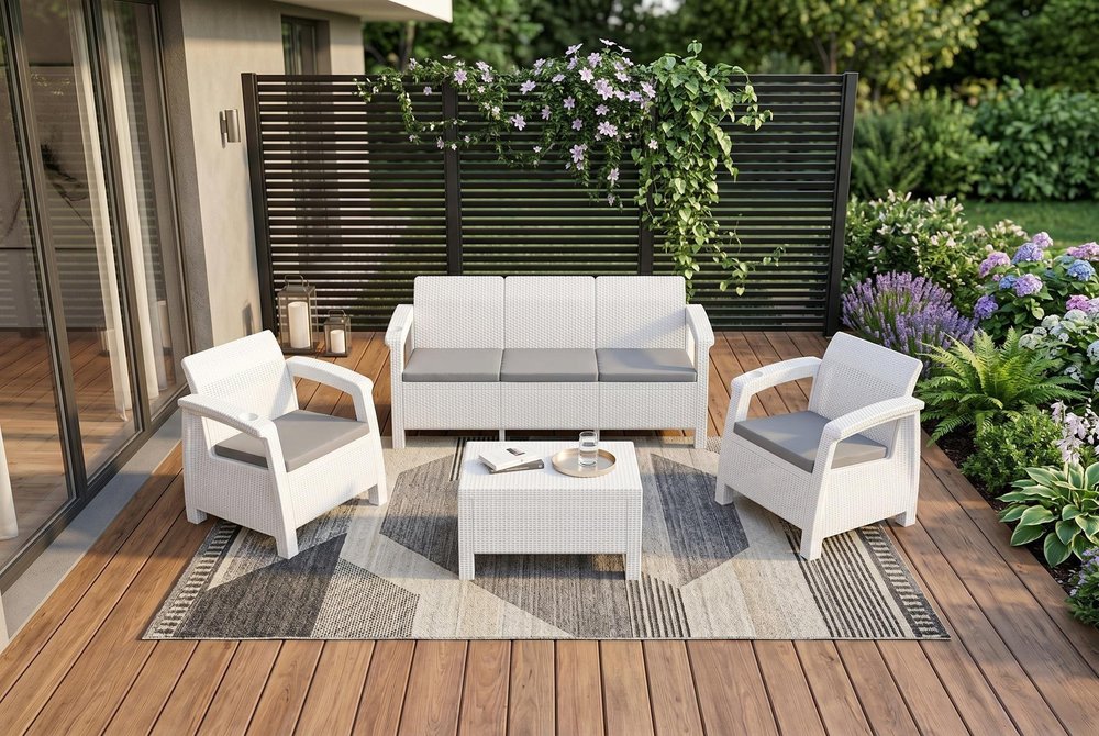 Four Piece White and Beige Plastic Upholstered Cushions Outdoor Patio Set With Table