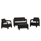 Four Piece Espresso and Beige Plastic Upholstered Cushions Outdoor Patio Set With Table