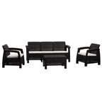 Four Piece Espresso and Beige Plastic Upholstered Cushions Outdoor Patio Set With Table