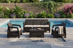 Four Piece Espresso and Beige Plastic Upholstered Cushions Outdoor Patio Set With Table