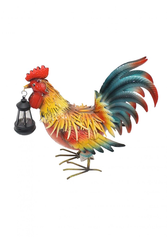 18" Red Blue And Yellow Metal Rooster Outdoor LED Light