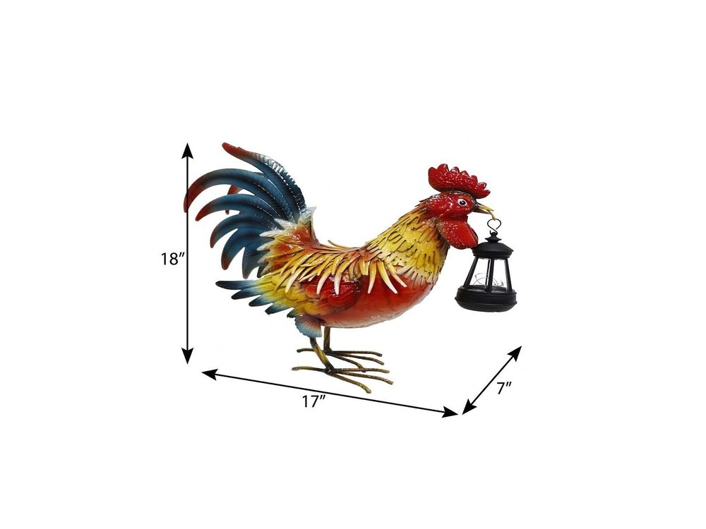 18" Red Blue And Yellow Metal Rooster Outdoor LED Light