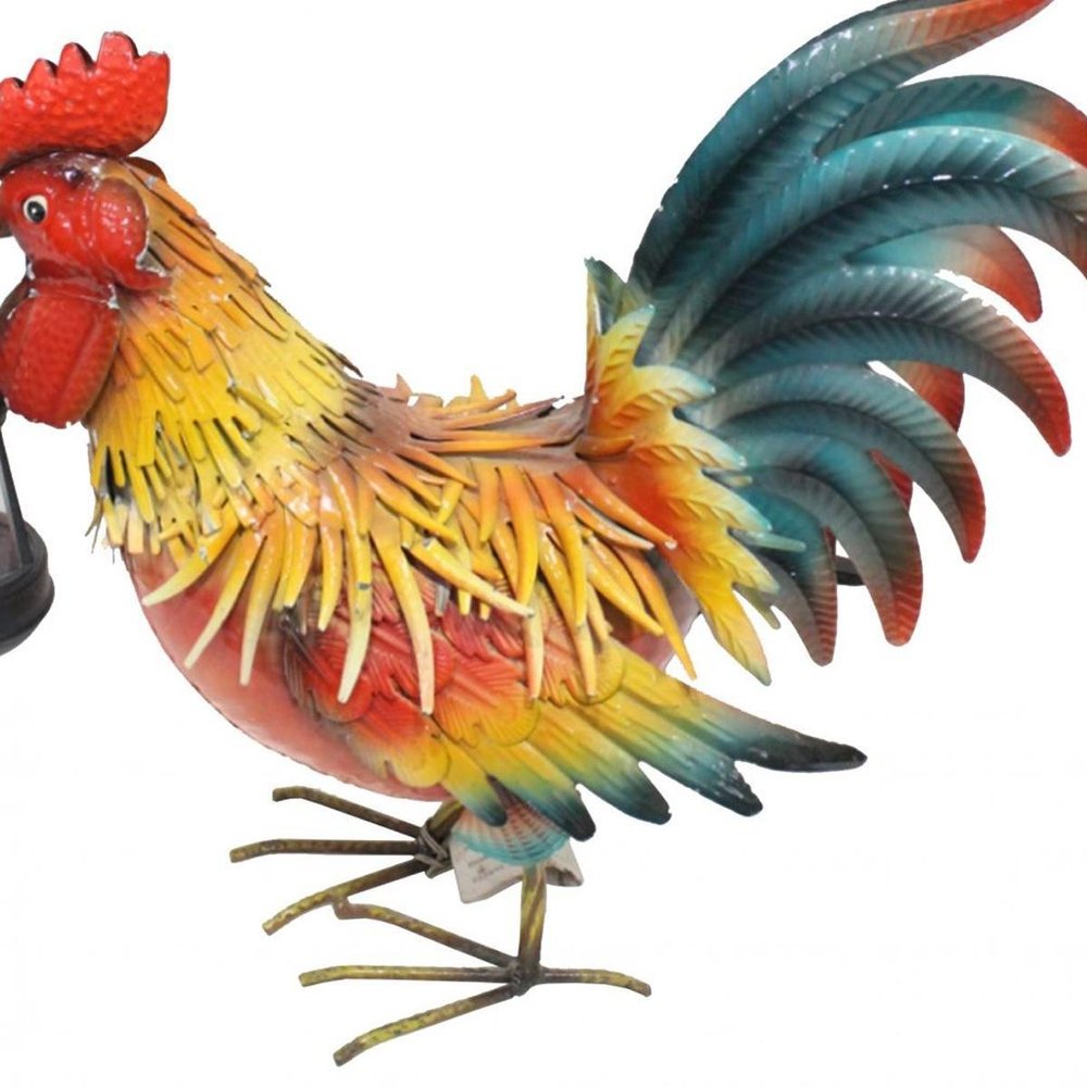 18" Red Blue And Yellow Metal Rooster Outdoor LED Light