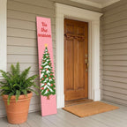 59" Green Pink And White Solid Wood Christmas Christmas Tree Porch Sign
