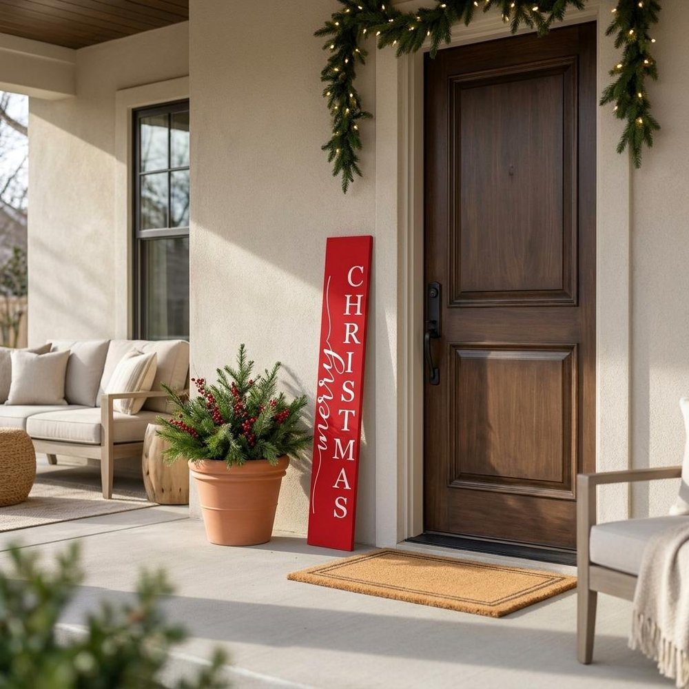 47" Red And White Solid Wood Merry Christmas Christmas Snow Scene Porch Sign