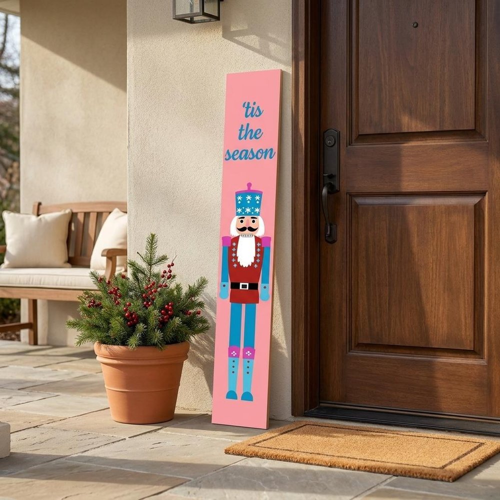 47" Blue And Pink Solid Wood Tis The Season Christmas Nutcracker Porch Sign