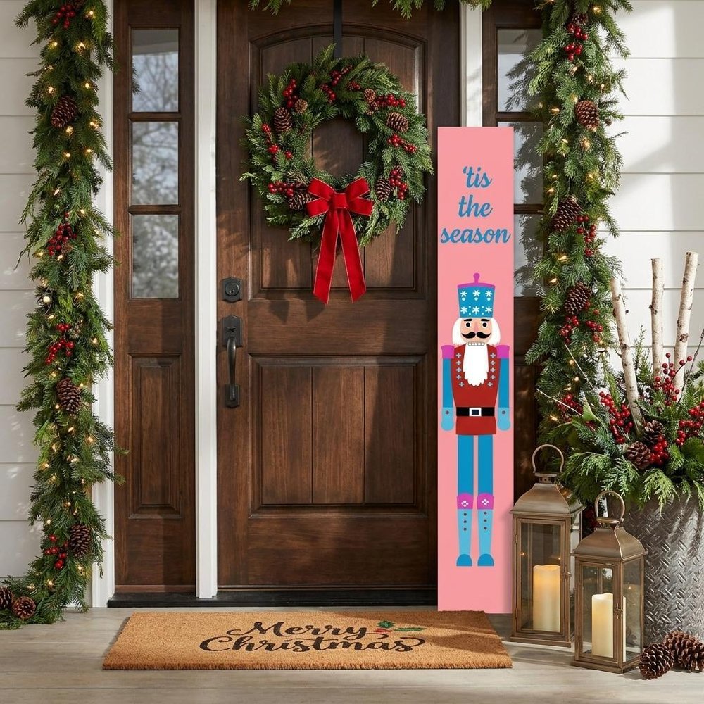 47" Blue And Pink Solid Wood Tis The Season Christmas Nutcracker Porch Sign