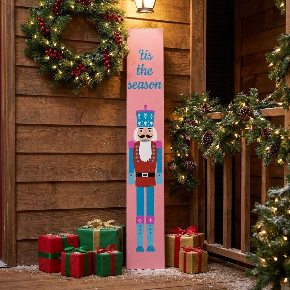 59" Blue And Pink Solid Wood Tis The Season Christmas Nutcracker Porch Sign