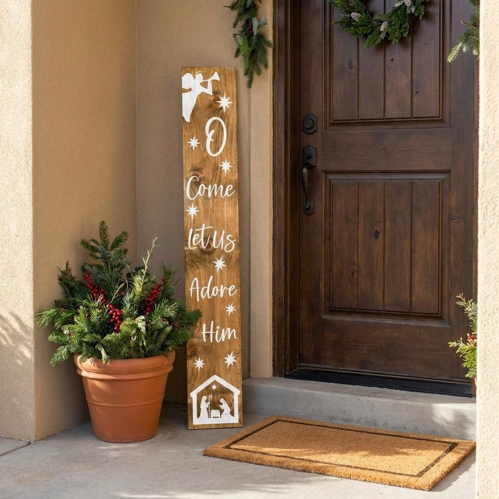 47" Natural And White Solid Wood Christmas Nativity Porch Sign