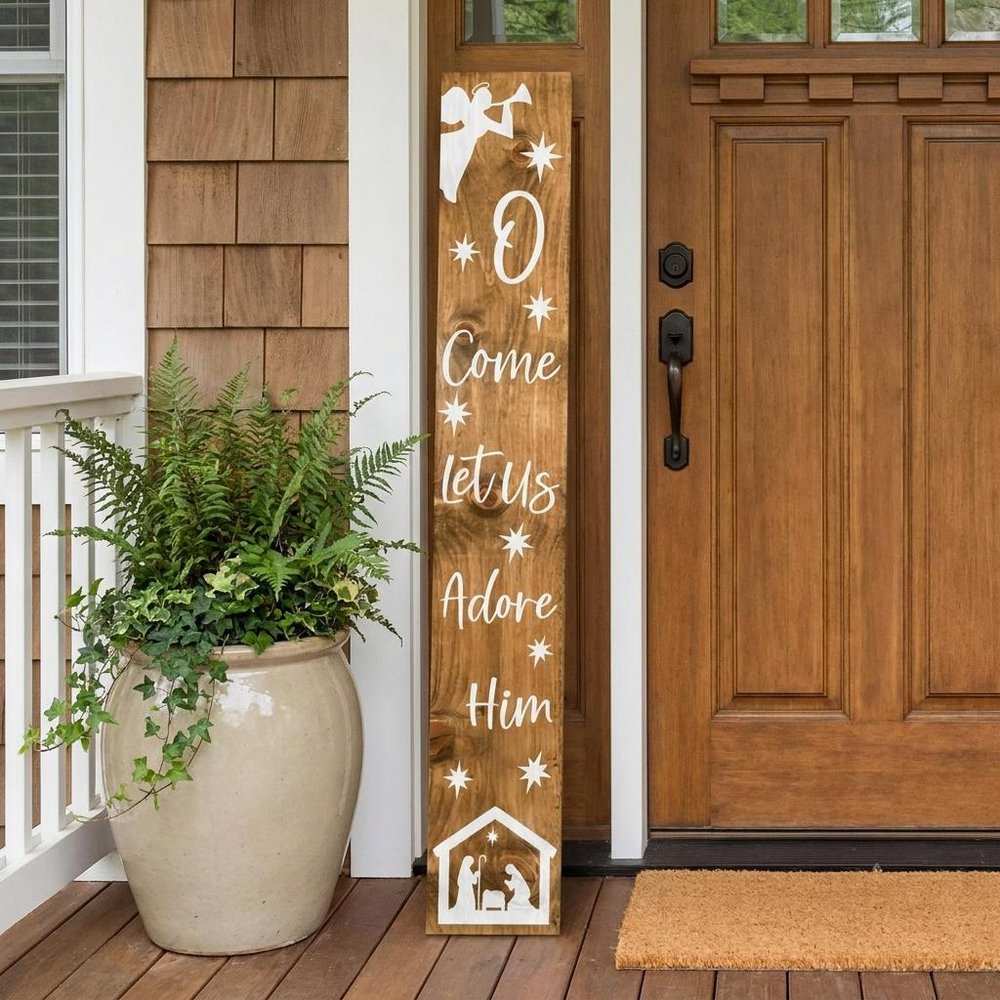 59" Natural And White Solid Wood Christmas Pilgrim Porch Sign