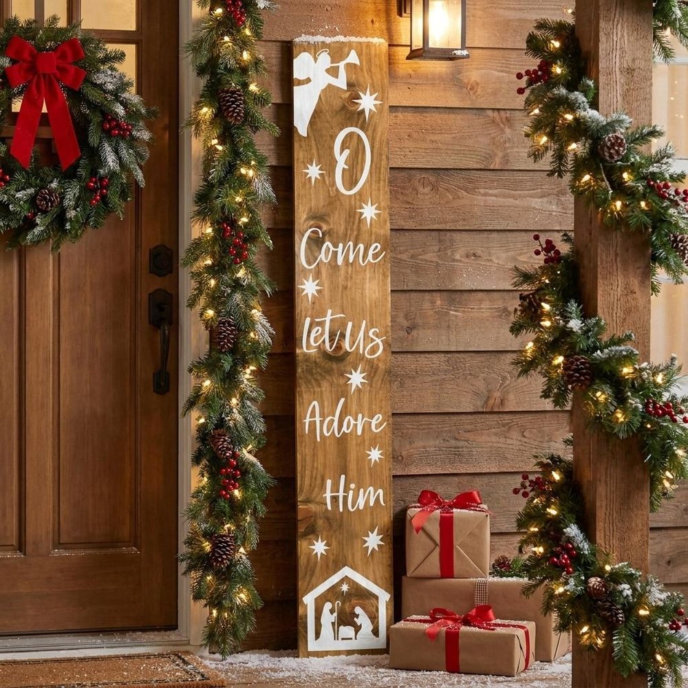 59" Natural And White Solid Wood Christmas Nativity Porch Sign