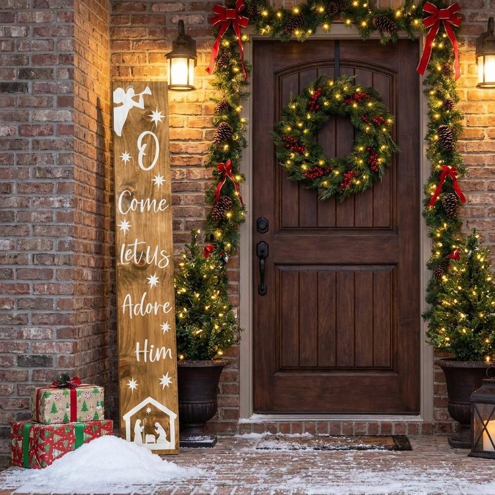 59" Natural And White Solid Wood Christmas Nativity Porch Sign