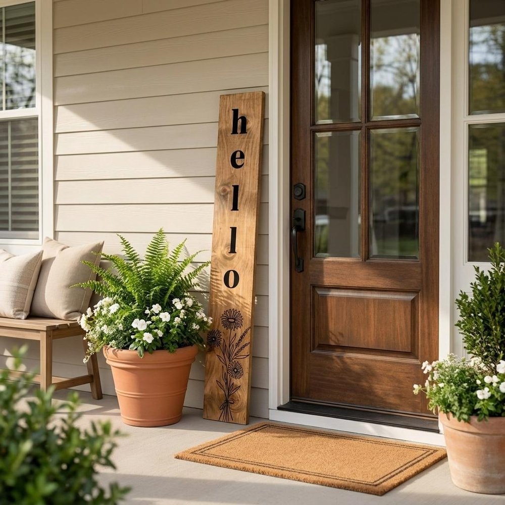 47" Black And Natural Solid Wood Wildflowers Hello Porch Sign