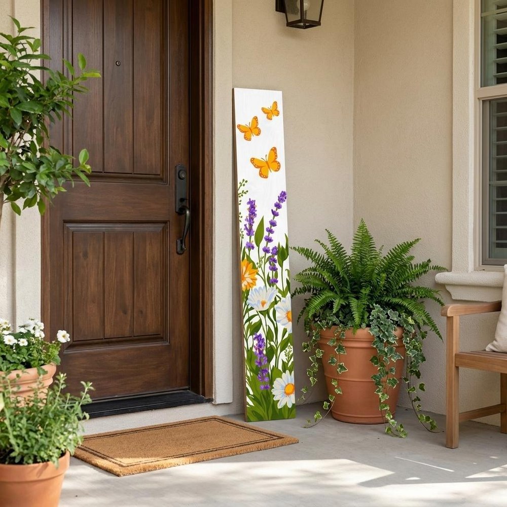 47" Green Orange And White Solid Wood Daisies Porch Sign