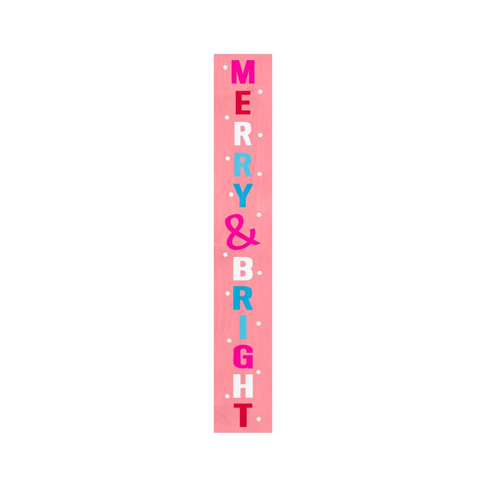 47" Pink And White Solid Wood Merry & Bright Christmas Snow Scene Porch Sign