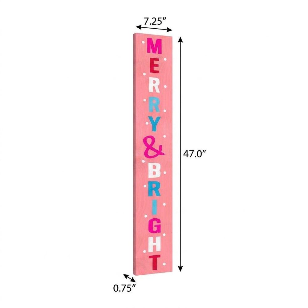 47" Pink And White Solid Wood Merry & Bright Christmas Snow Scene Porch Sign