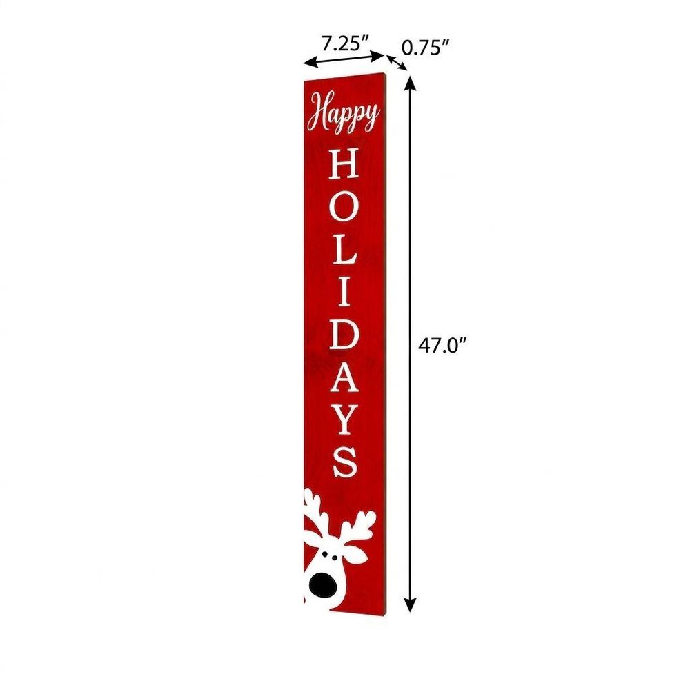 47" Red And White Solid Wood Happy Holidays Christmas Reindeer Porch Sign