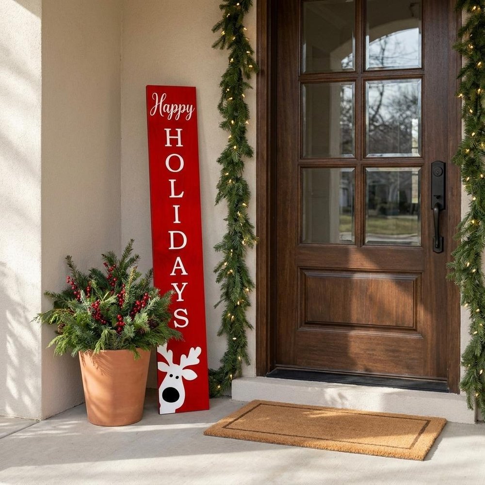 47" Red And White Solid Wood Happy Holidays Christmas Reindeer Porch Sign