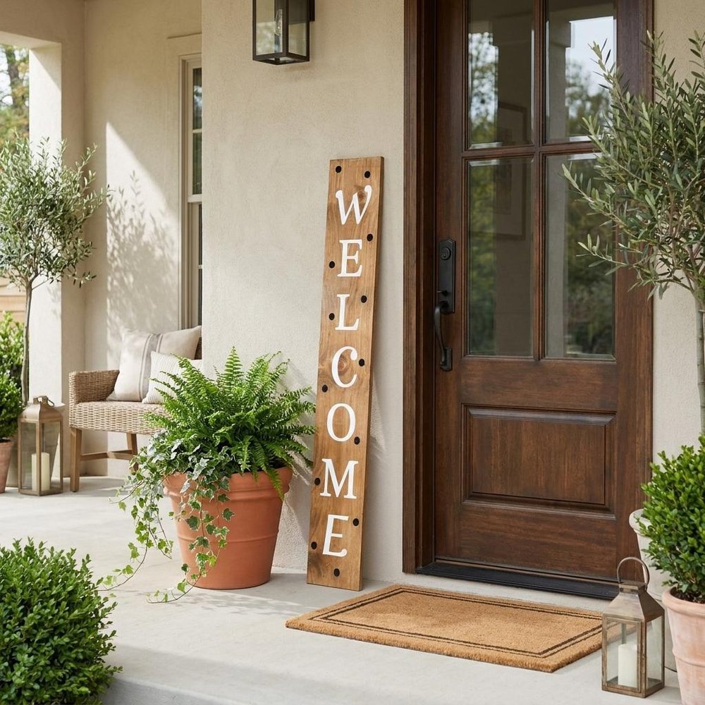 47" Black Natural And White Solid Wood Welcome Porch Sign