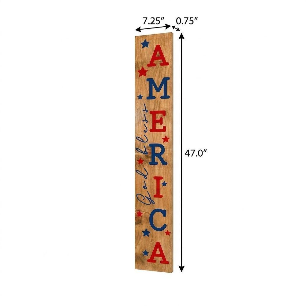 47" Natural Red And Blue Solid Wood God Bless America Porch Sign