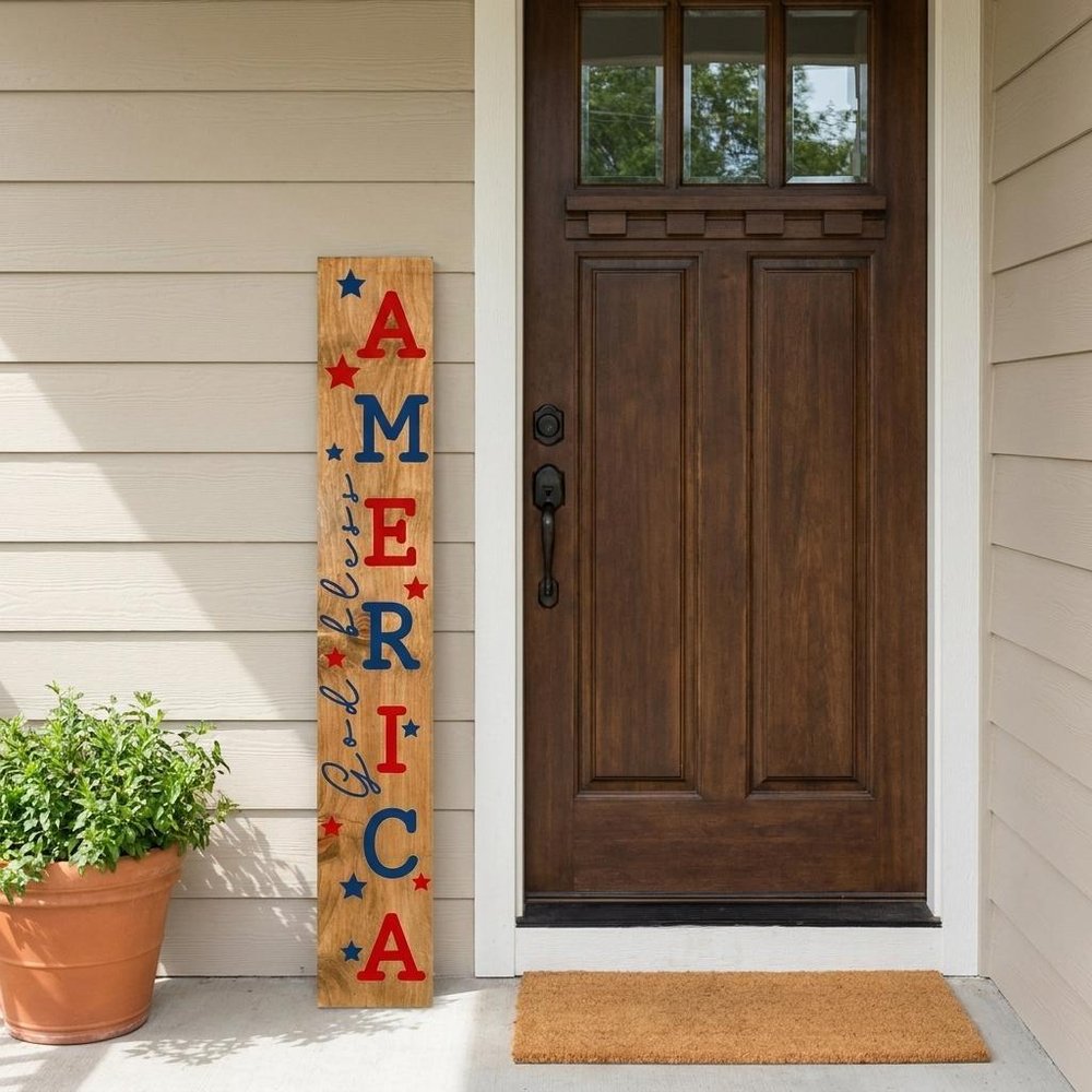 59" Natural Red And Blue Solid Wood God Bless America Porch Sign