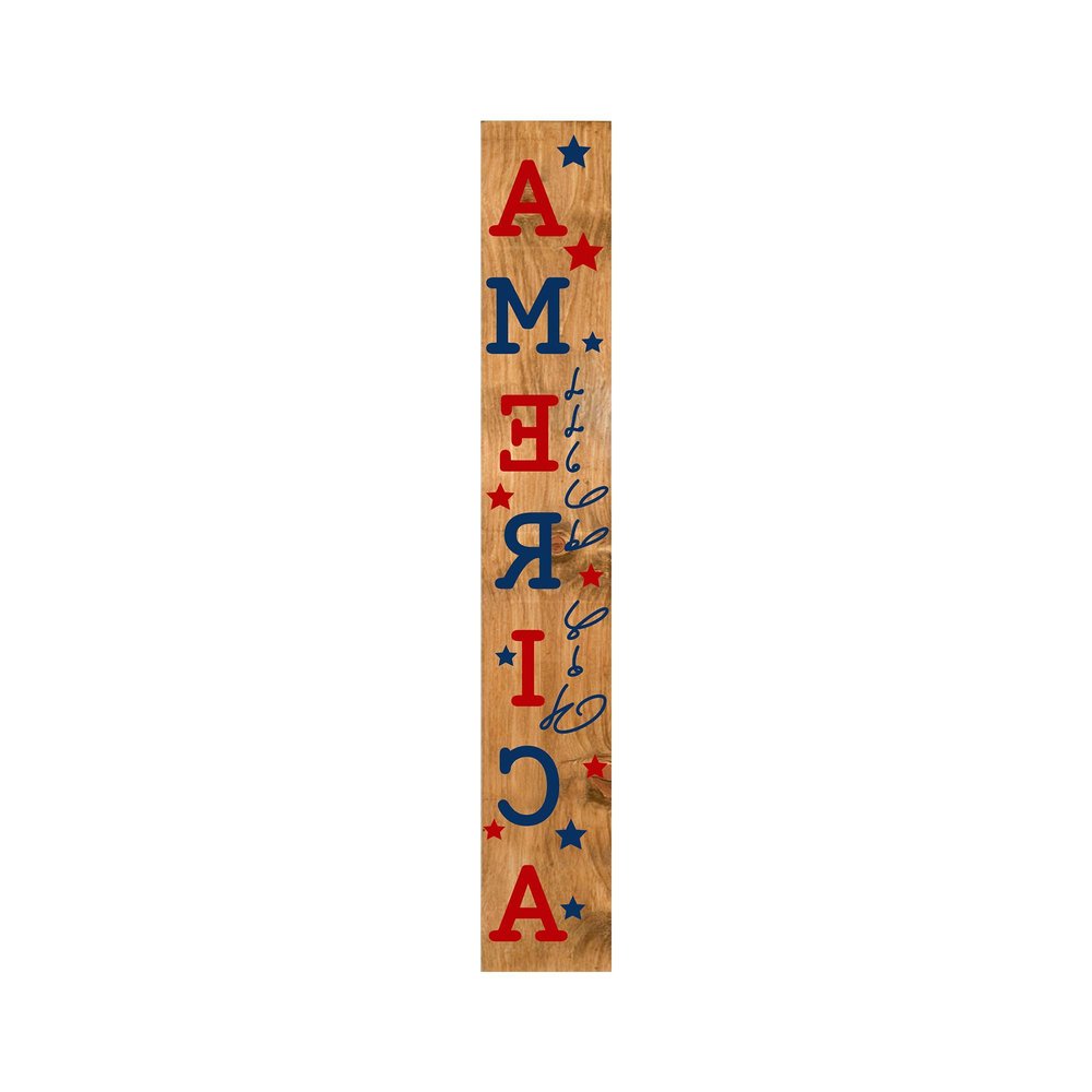 47" Natural Red And Blue Solid Wood God Bless America Porch Sign