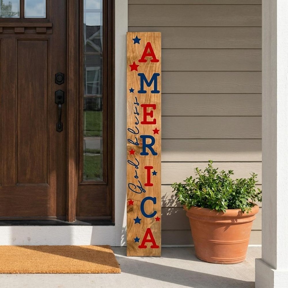47" Natural Red And Blue Solid Wood God Bless America Porch Sign