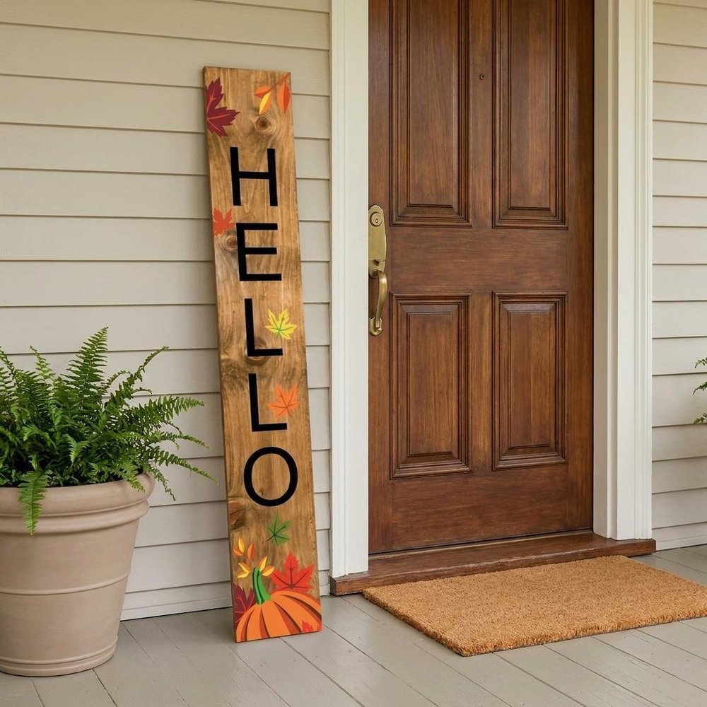 59" Black Natural And Orange Solid Wood Hello Porch Sign