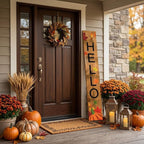 59" Black Natural And Orange Solid Wood Hello Porch Sign