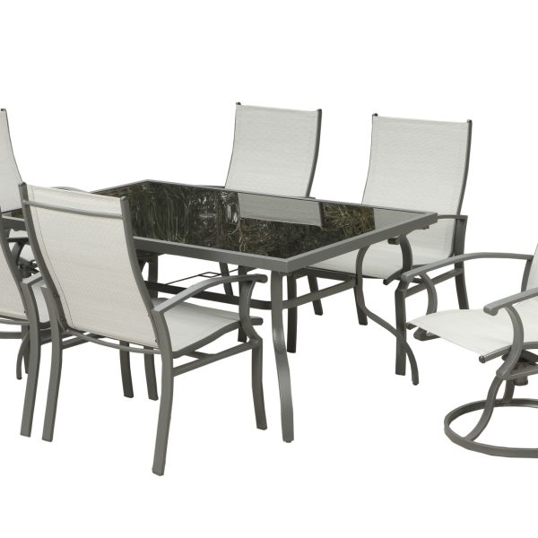 Seven Piece Black and Gray Rectangular Glass Dining Set with Six Chairs