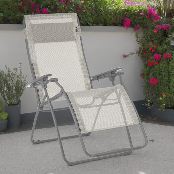 30" Light Gray and Chrome Steel Outdoor Zero Gravity Chair with Light Gray Cushion