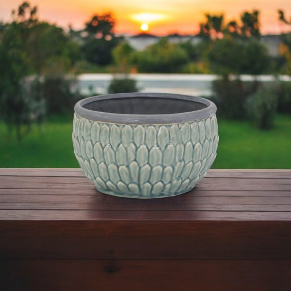 8" Aqua Textural Tone On Tone Ceramic Indoor Outdoor Round Pot Planter