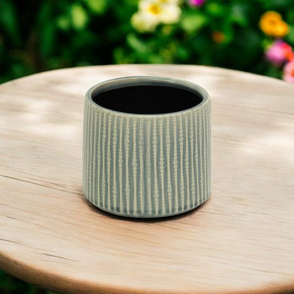 6" Green Striped Ceramic Indoor Outdoor Round Pot Planter