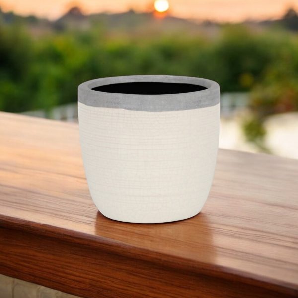 6" Cream and Gray Crackle Glaze Ceramic Indoor Outdoor Round Pot Planter