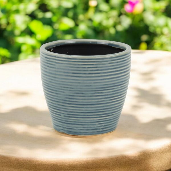 6" Blue Striped Ceramic Indoor Outdoor Round Pot Planter