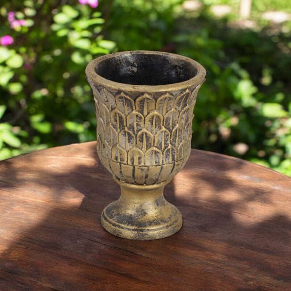 7" Antiqued Brass Textural Tone On Tone Cement Indoor Outdoor Round Urn Planter