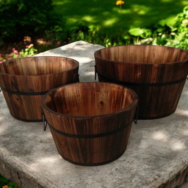 Set of Three Natural Wood Indoor Outdoor Round Pot Planters
