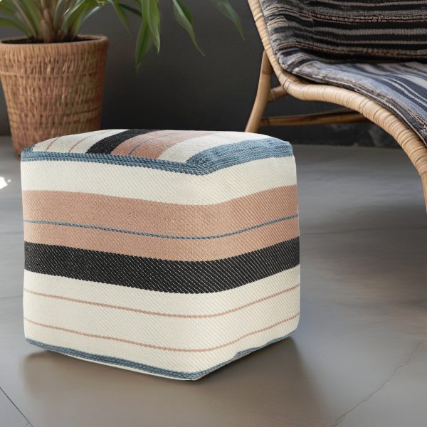 20" White Polyester Striped Indoor Outdoor Pouf Ottoman
