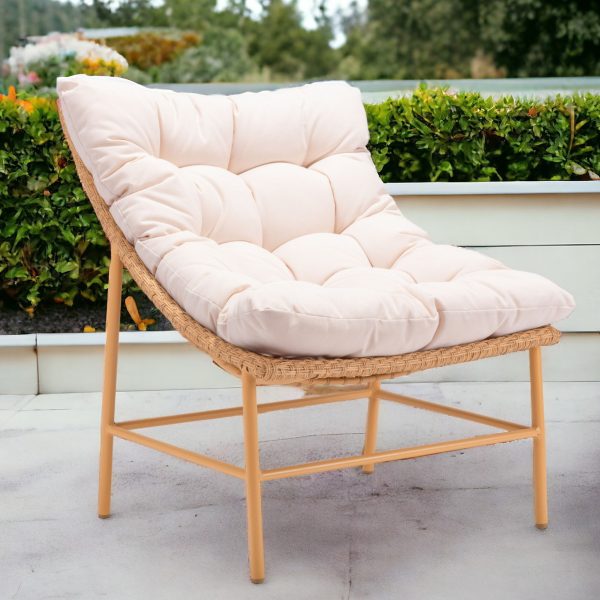 29" Beige and Brown Aluminum Indoor Outdoor Accent Chair with Beige Cushion